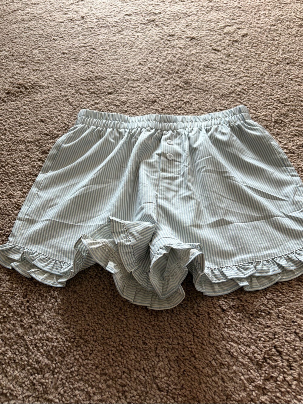 Women's Light Blue Striped Ruffle Hem Shorts